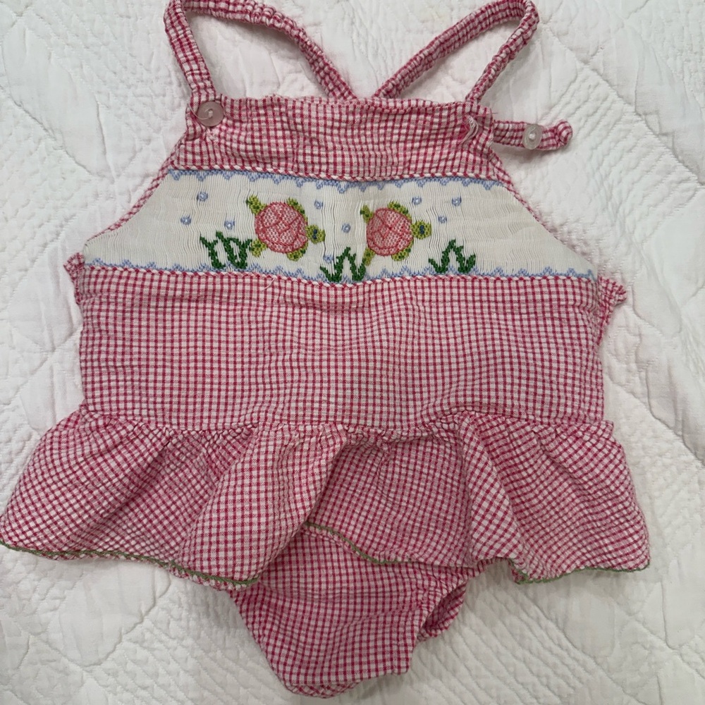 Red and white Gingham Baby Romper with Hand Embroidery- 12 months